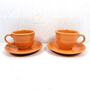 Vintage Tangerine Orange Fiestaware Homer Laughlin 2 Cups & 2 Saucers 2 Sets